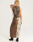 Luna Noir Tie Front Skirt by ME369 in black and white check and script print, detail view