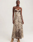 Noir Muse Corset Dress by ME369 in black and white polka dot and script print, back view