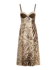 Noir Muse Corset Dress by ME369 in black and white polka dot and script print, front view