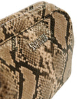 Snakeskin-patterned pouch with 'Essentiel Antwerp' branding on a white background