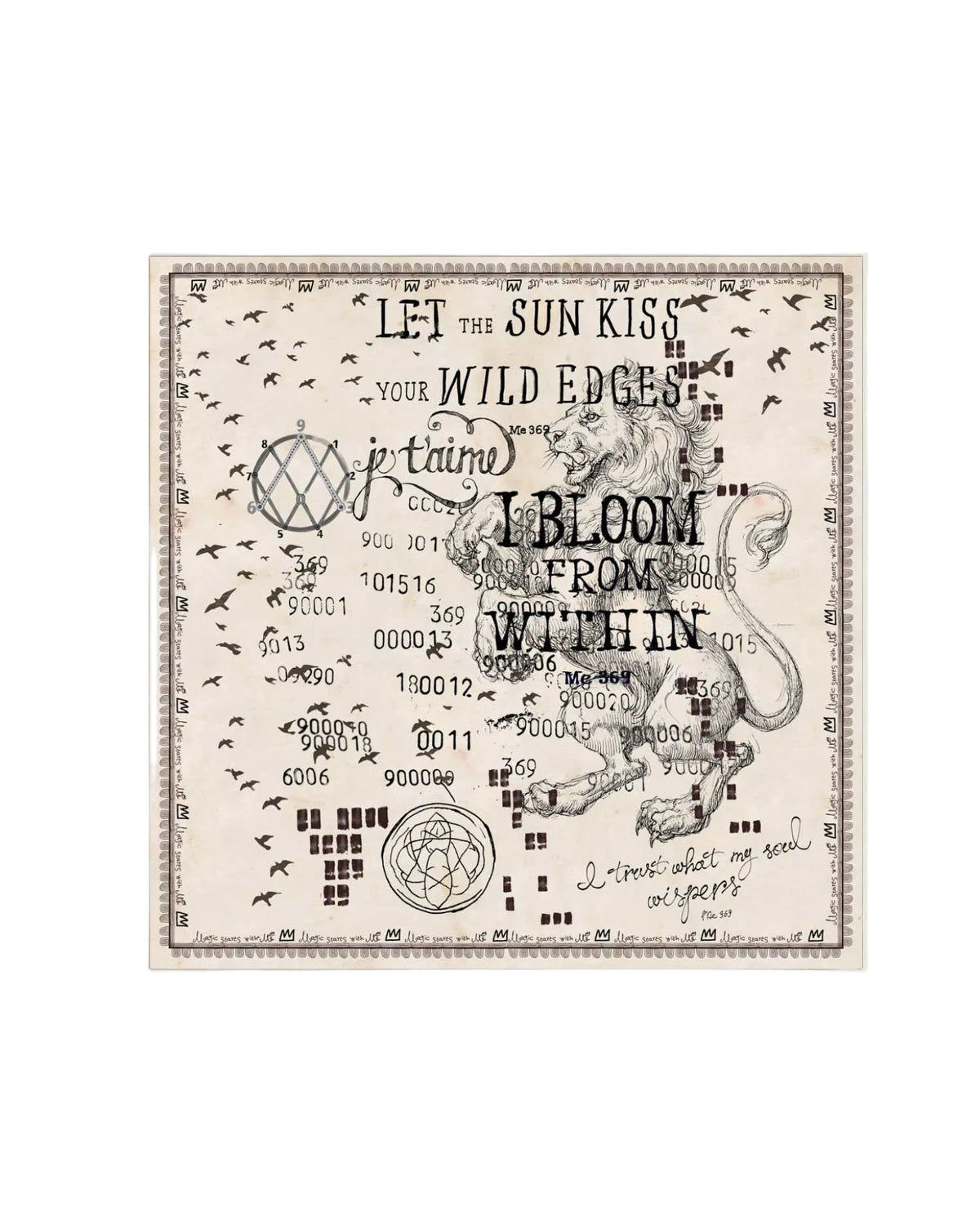 Sara Noir Muse Headkerchief by ME369 in ivory and brown lion and script print, styled view