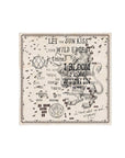 Sara Noir Muse Headkerchief by ME369 in ivory and brown lion and script print, styled view