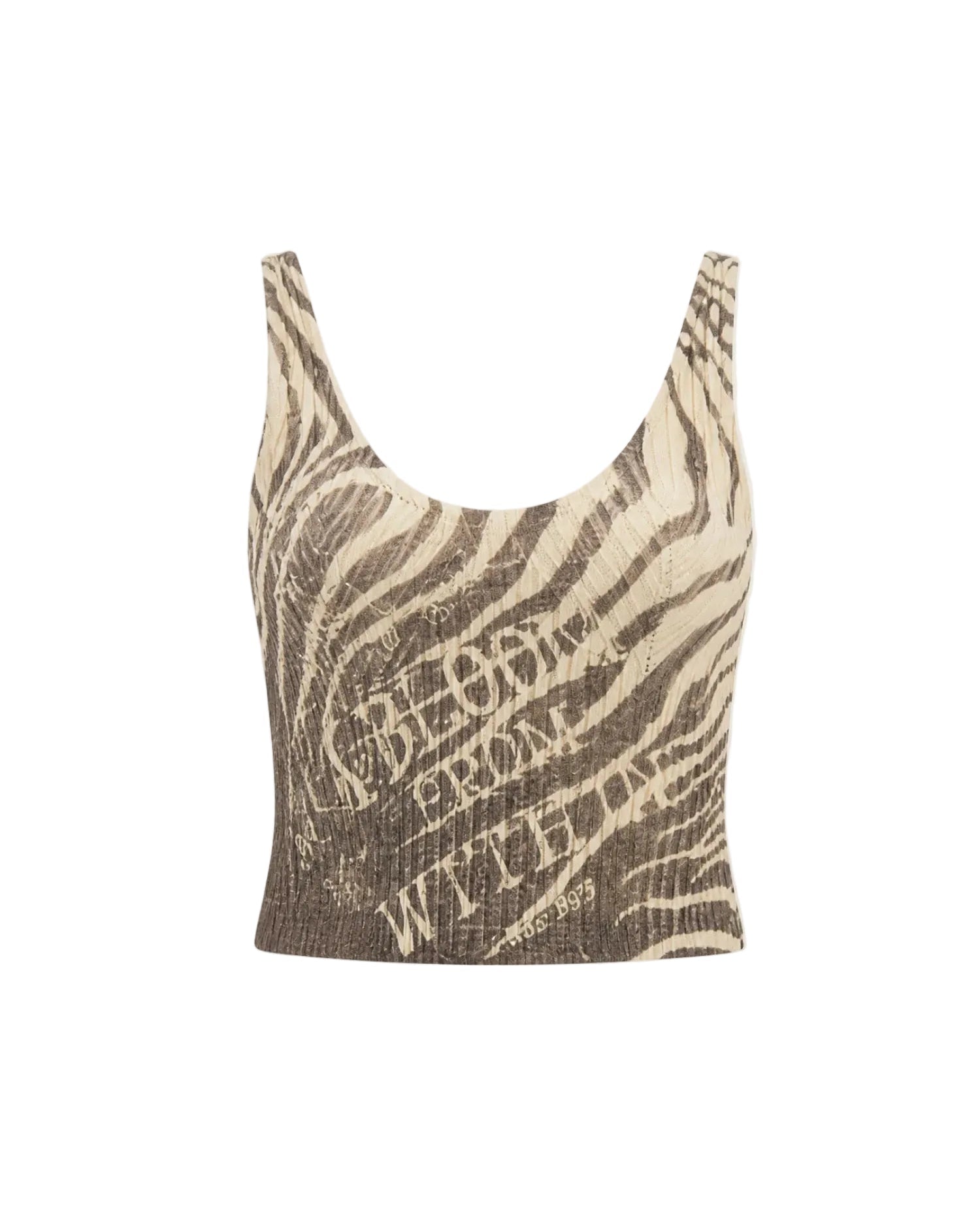 Mea Noir Rib Tank Top by ME369 in black and white zebra and script print, front view