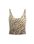 Mea Noir Rib Tank Top by ME369 in black and white zebra and script print, front view