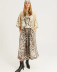 Vanessa Noir Midi Skirt by ME369 in black and white zebra and script print, side view