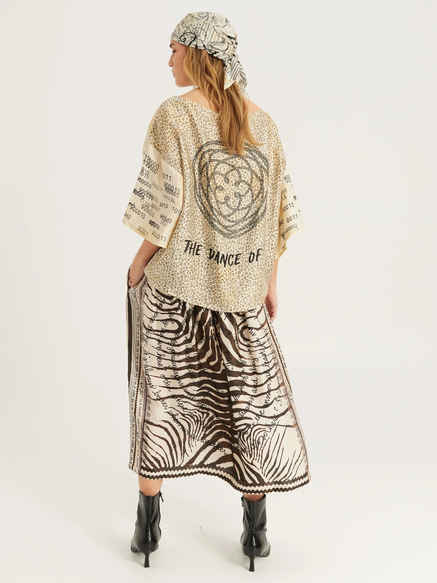 Vanessa Noir Midi Skirt by ME369 in black and white zebra and script print, detail view