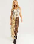 Luna Noir Tie Front Skirt by ME369 in black and white check and script print, back view