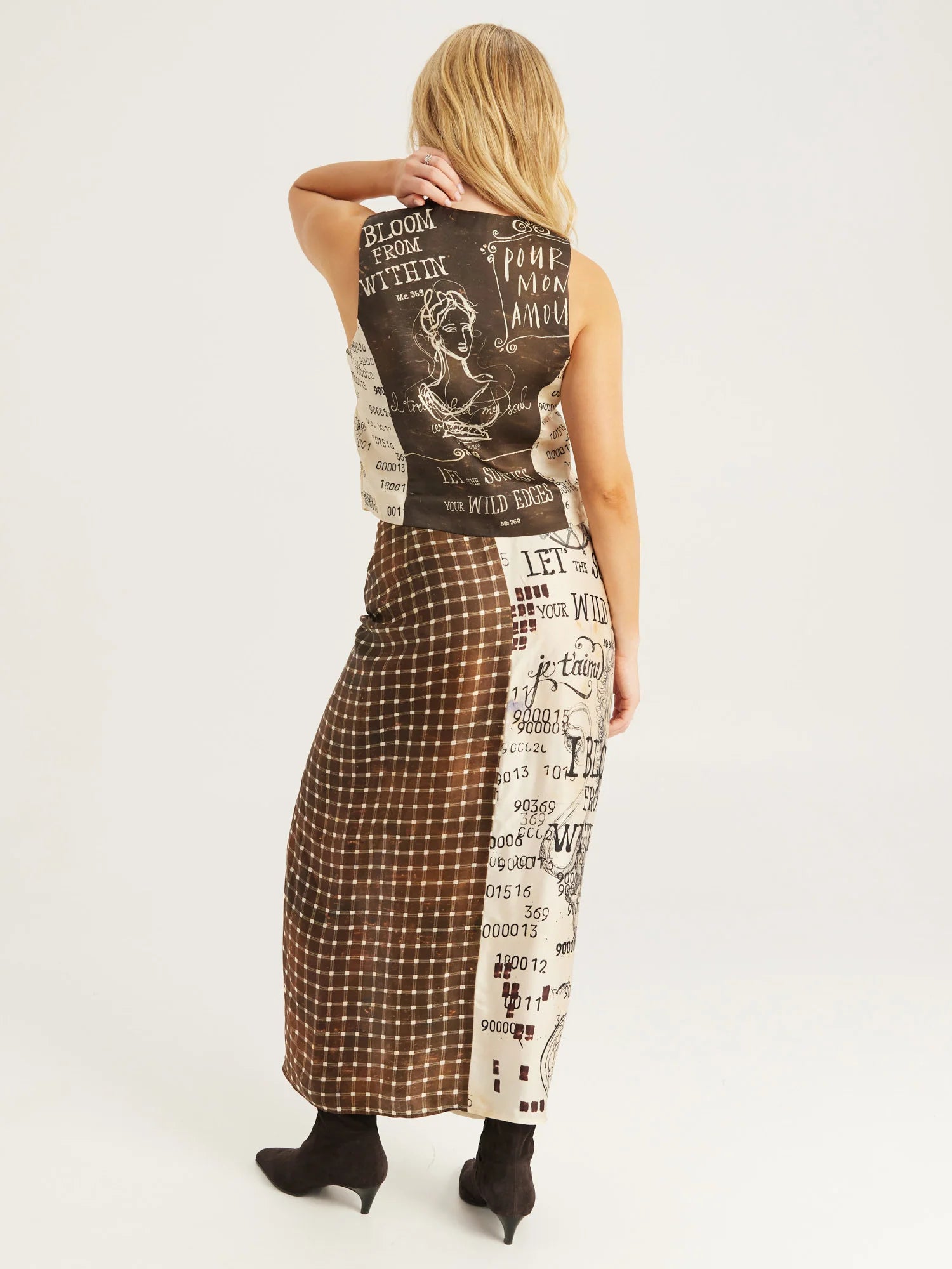 Luna Noir Tie Front Skirt by ME369 in black and white check and script print, detail view