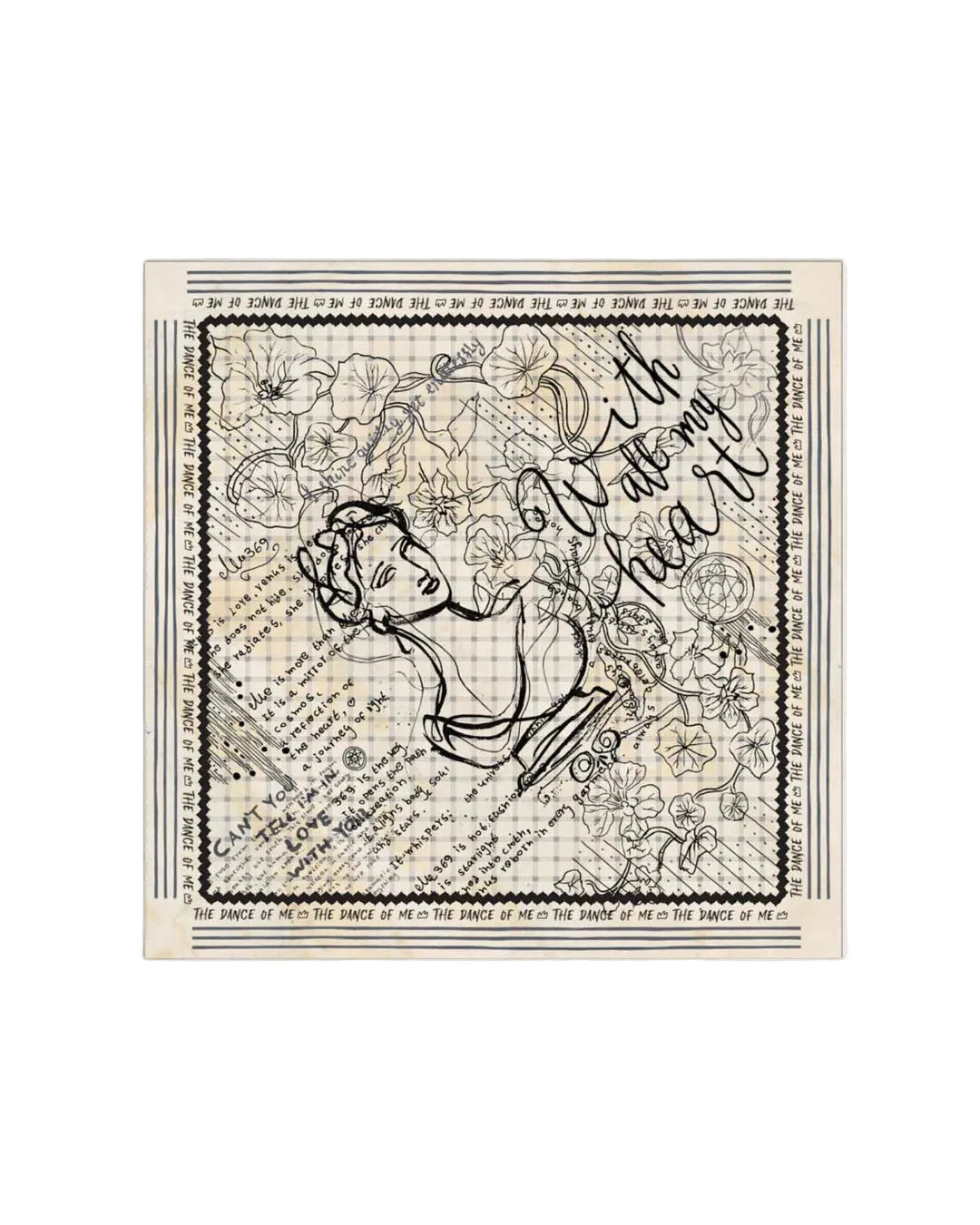 Sara Noir Muse Headkerchief by ME369 in ivory and brown lion and script print, detail view