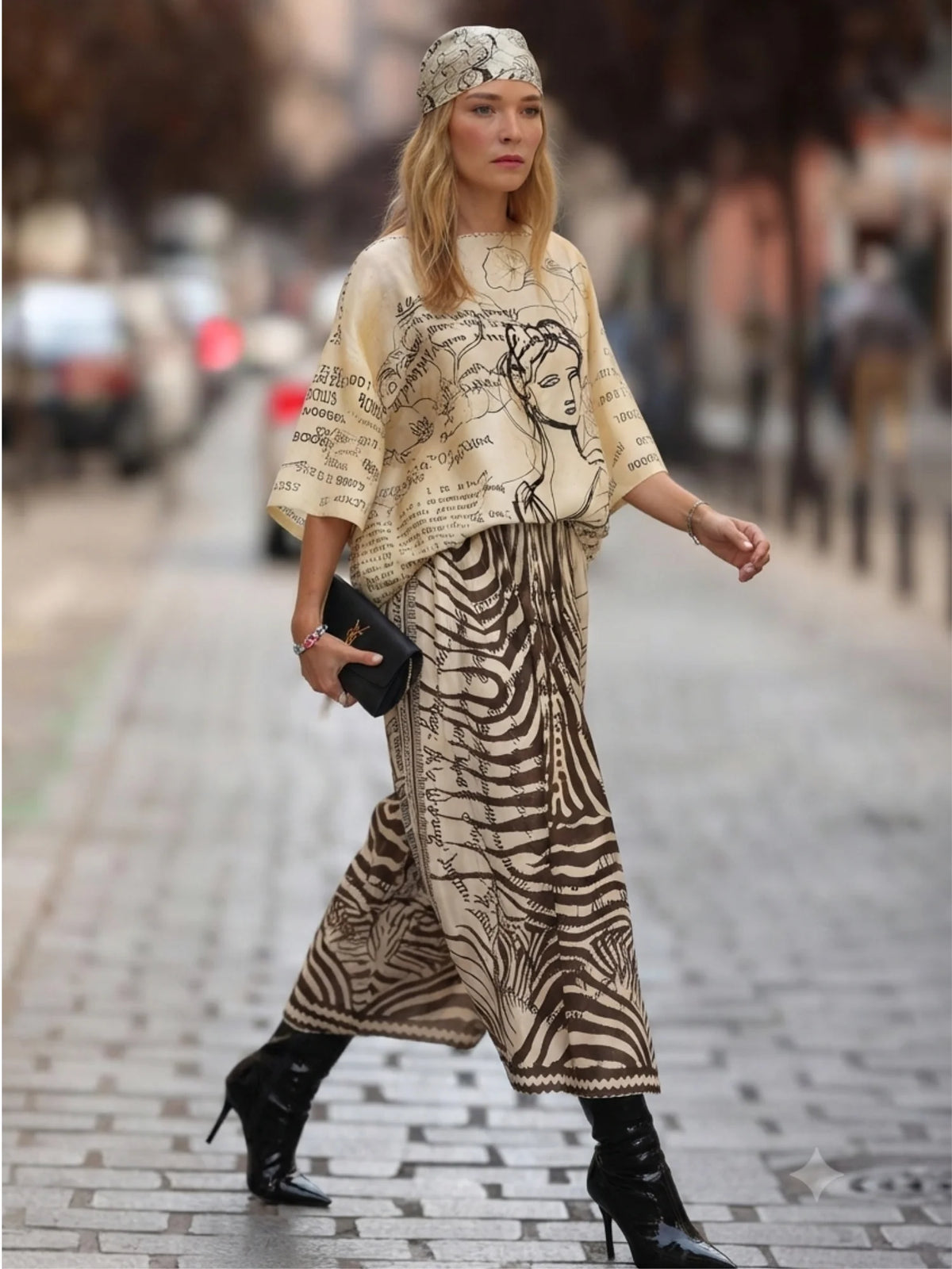 Vanessa Noir Midi Skirt by ME369 in black and white zebra and script print, back view