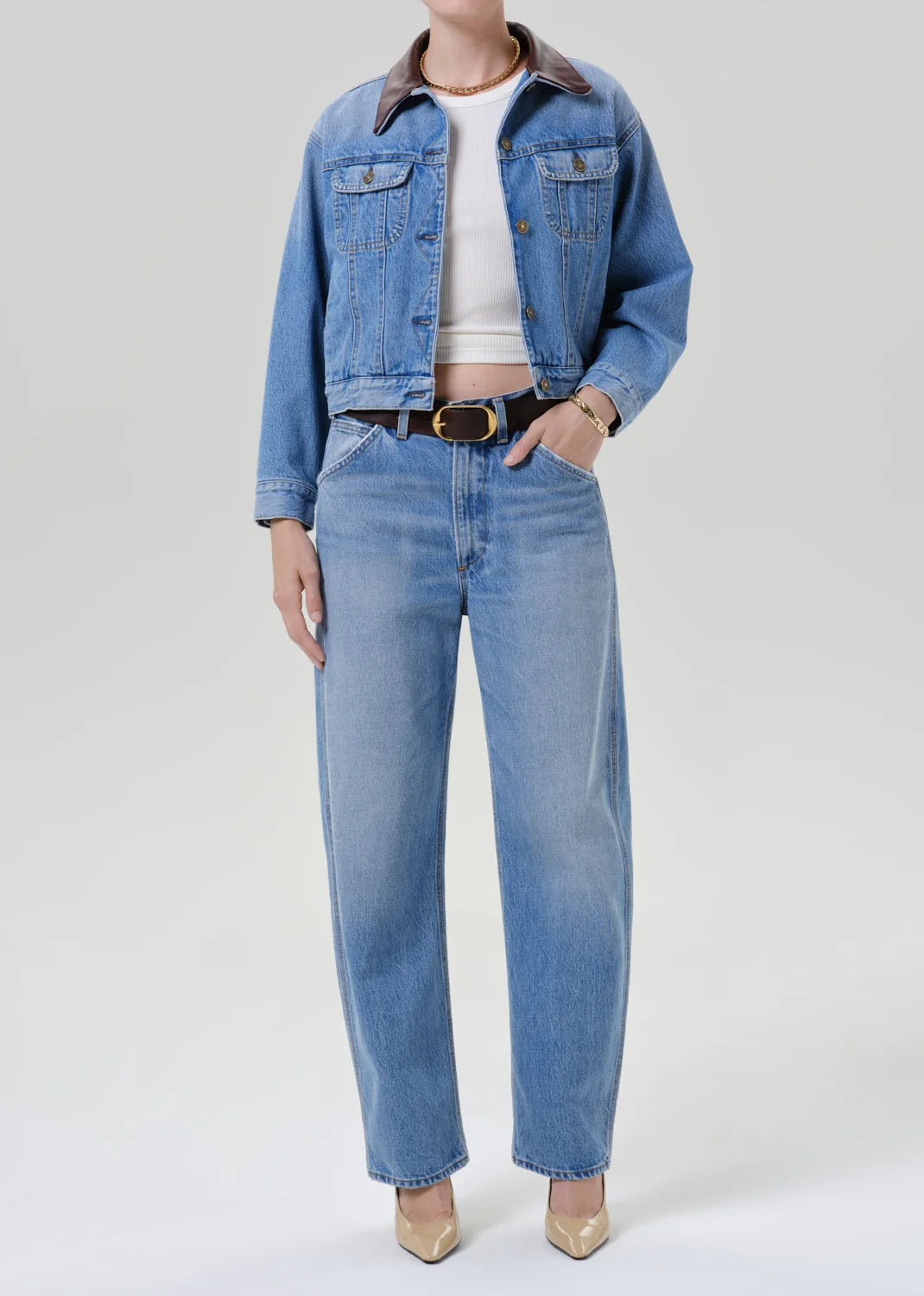 Skylar Denim Jacket by Citizens of Humanity in sunlit, styled view