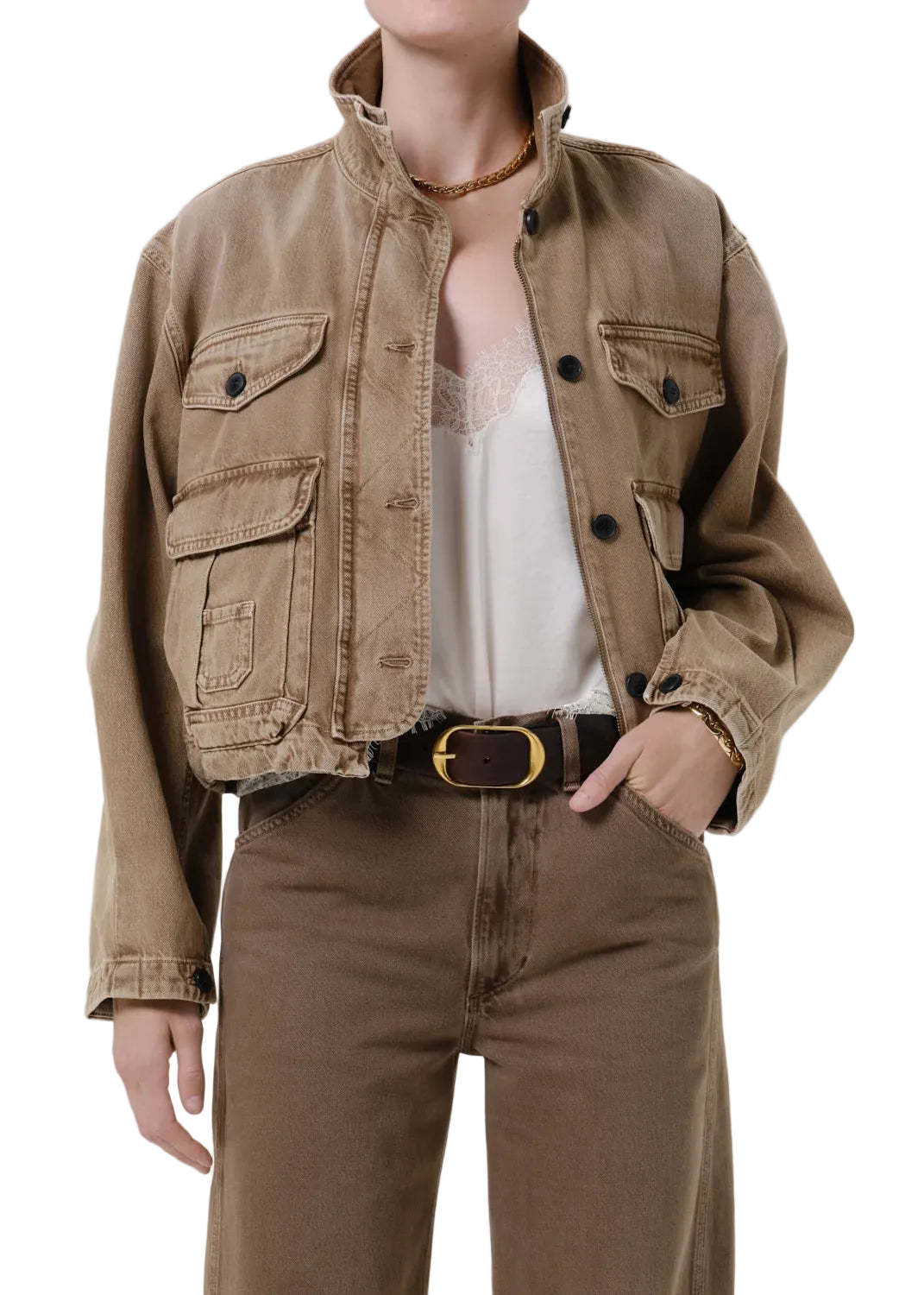 Funnel Collar Barn Jacket by Citizens of Humanity in tan, front view