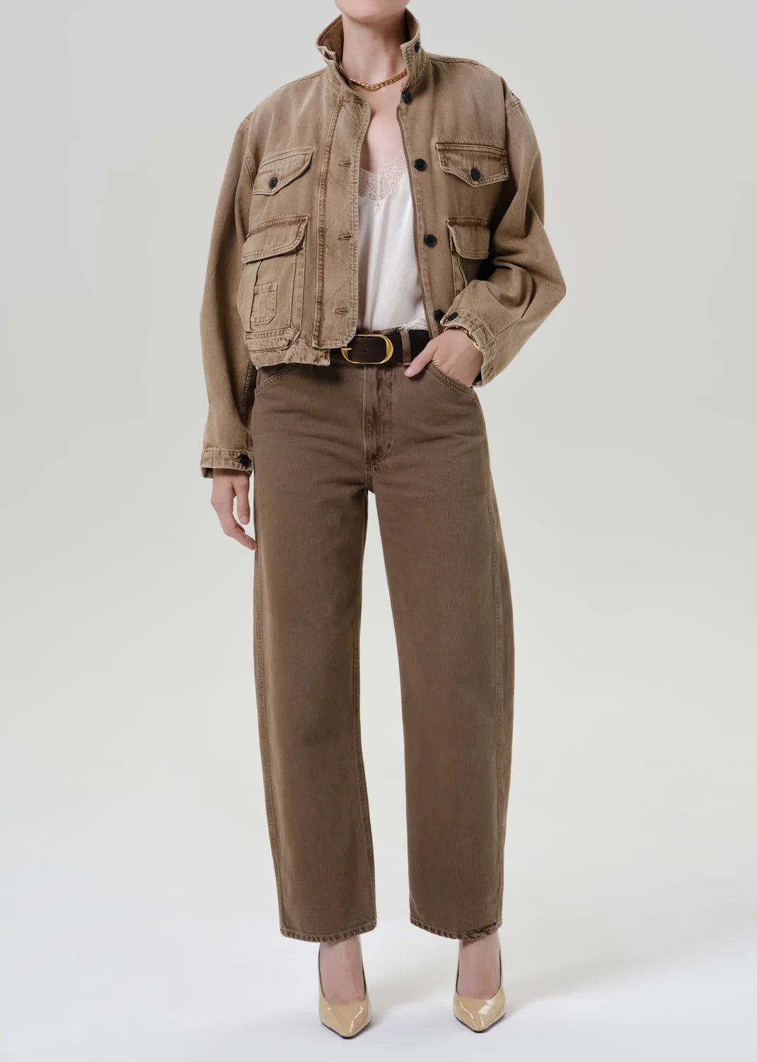 Funnel Collar Barn Jacket by Citizens of Humanity in tan, styled view