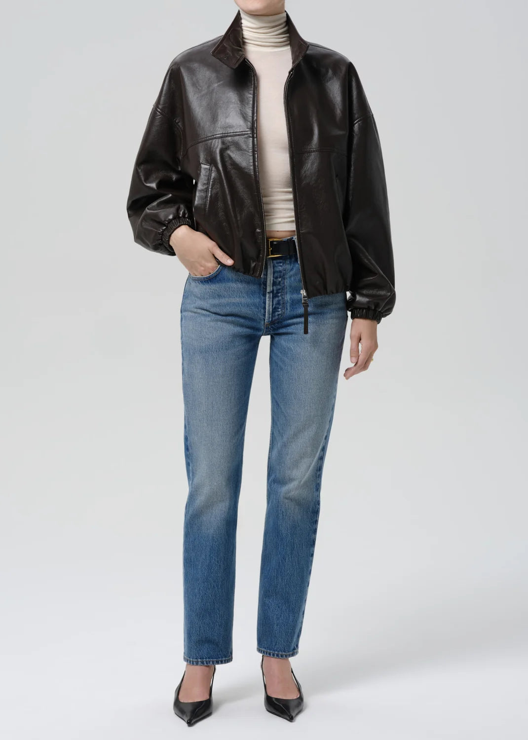 Barracuta Leather Bubble Jacket by Citizens of Humanity in chocolate, styled view