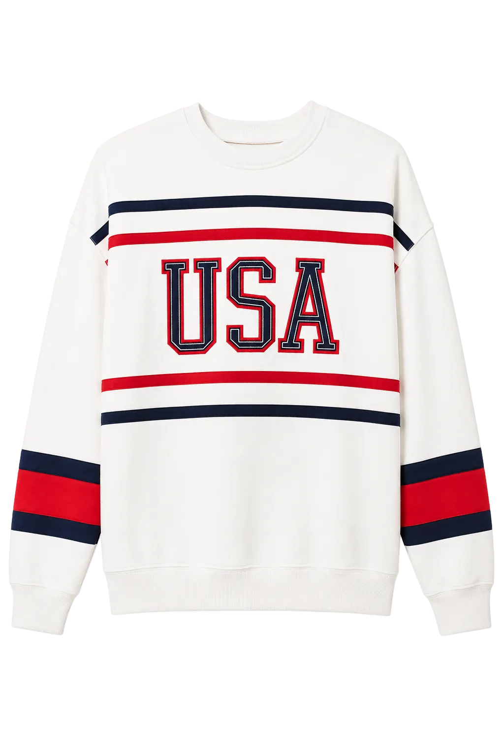 White sweatshirt with 'USA' text and red and blue stripes on a white background