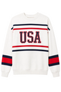 White sweatshirt with 'USA' text and red and blue stripes on a white background