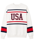 White sweatshirt with 'USA' text and red and blue stripes on a white background