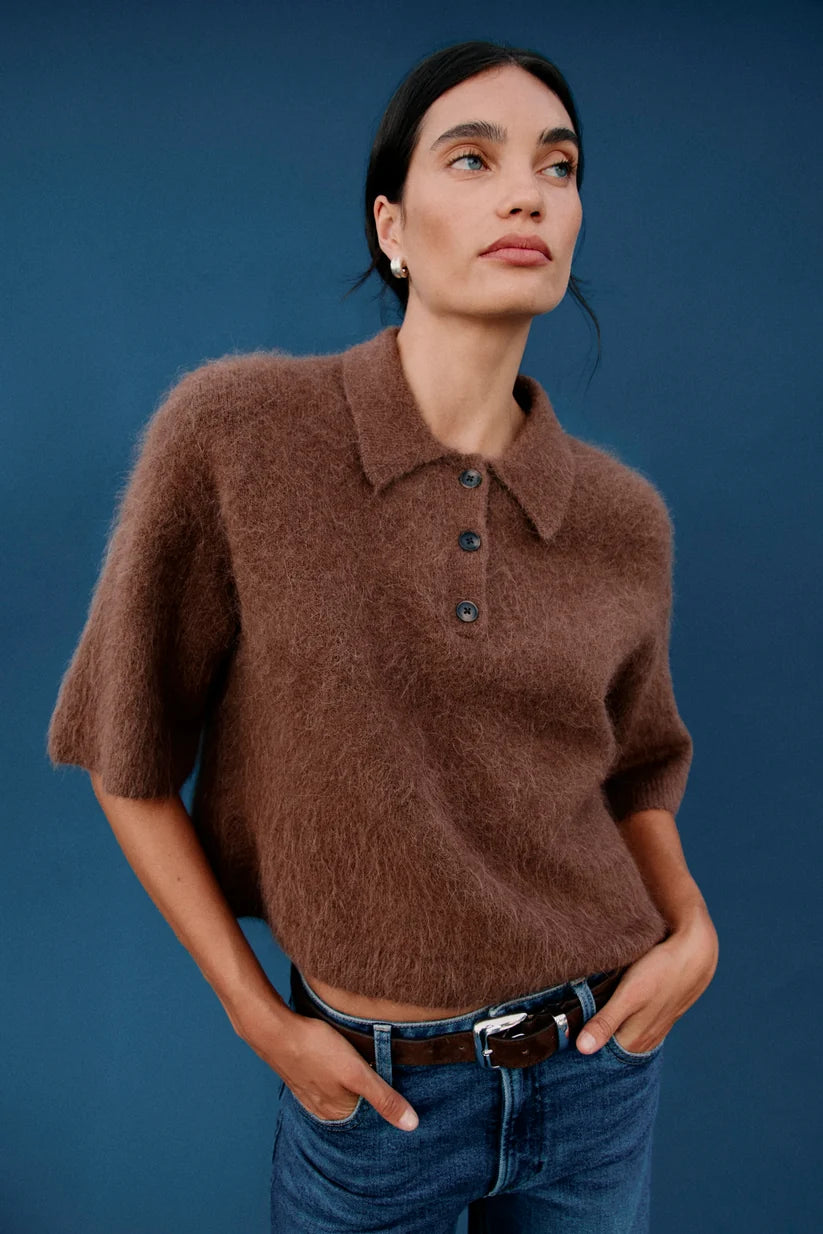 Nadya Polo Sweater by Pistola in Roche brown, styled view