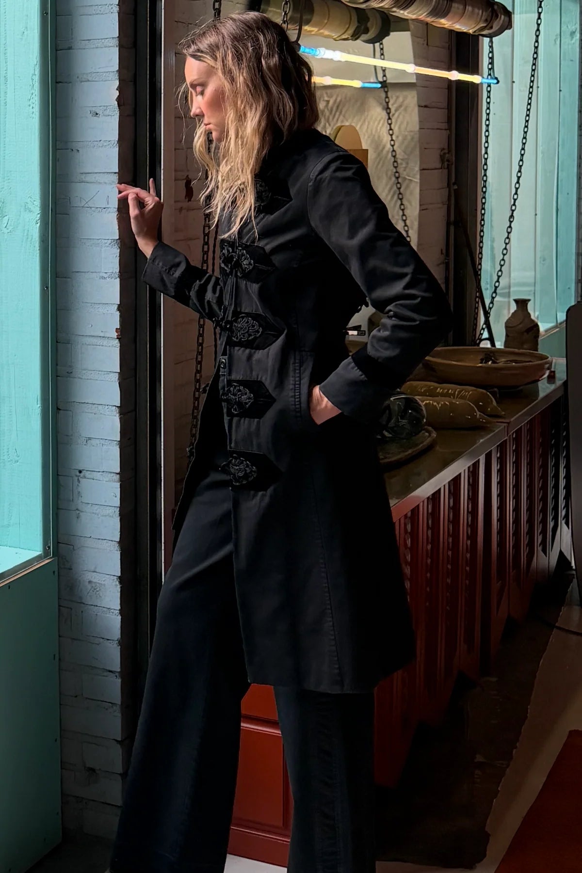Military Car Coat by Le Superbe in washed black, detail view