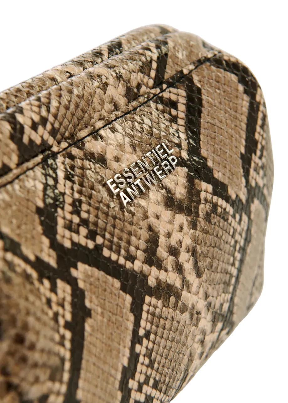 Snakeskin-patterned pouch with 'Essentiel Antwerp' branding on a white background