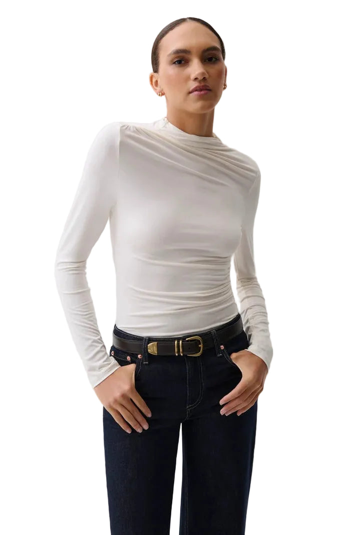 Nathalia Draped Mock Neck Top by Pistola in soft white, front view