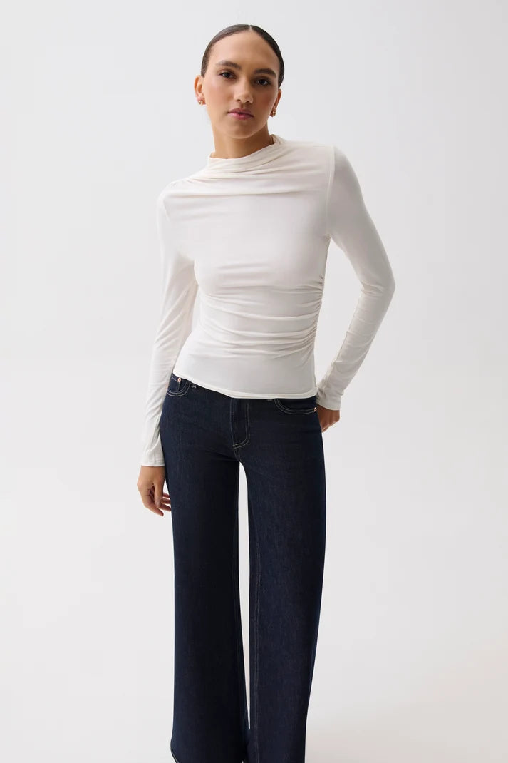 Nathalia Draped Mock Neck Top by Pistola in soft white, back view