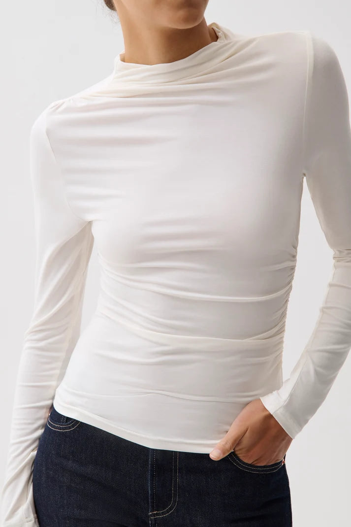 Nathalia Draped Mock Neck Top by Pistola in soft white, side ruching detail