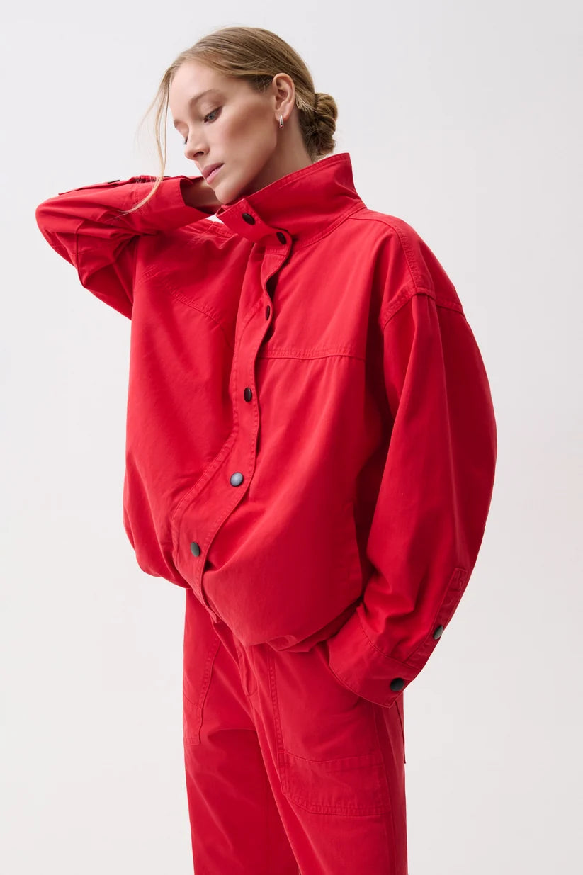 Liberty Funnel Neck Jacket by Pistola in Negroni red, button front detail