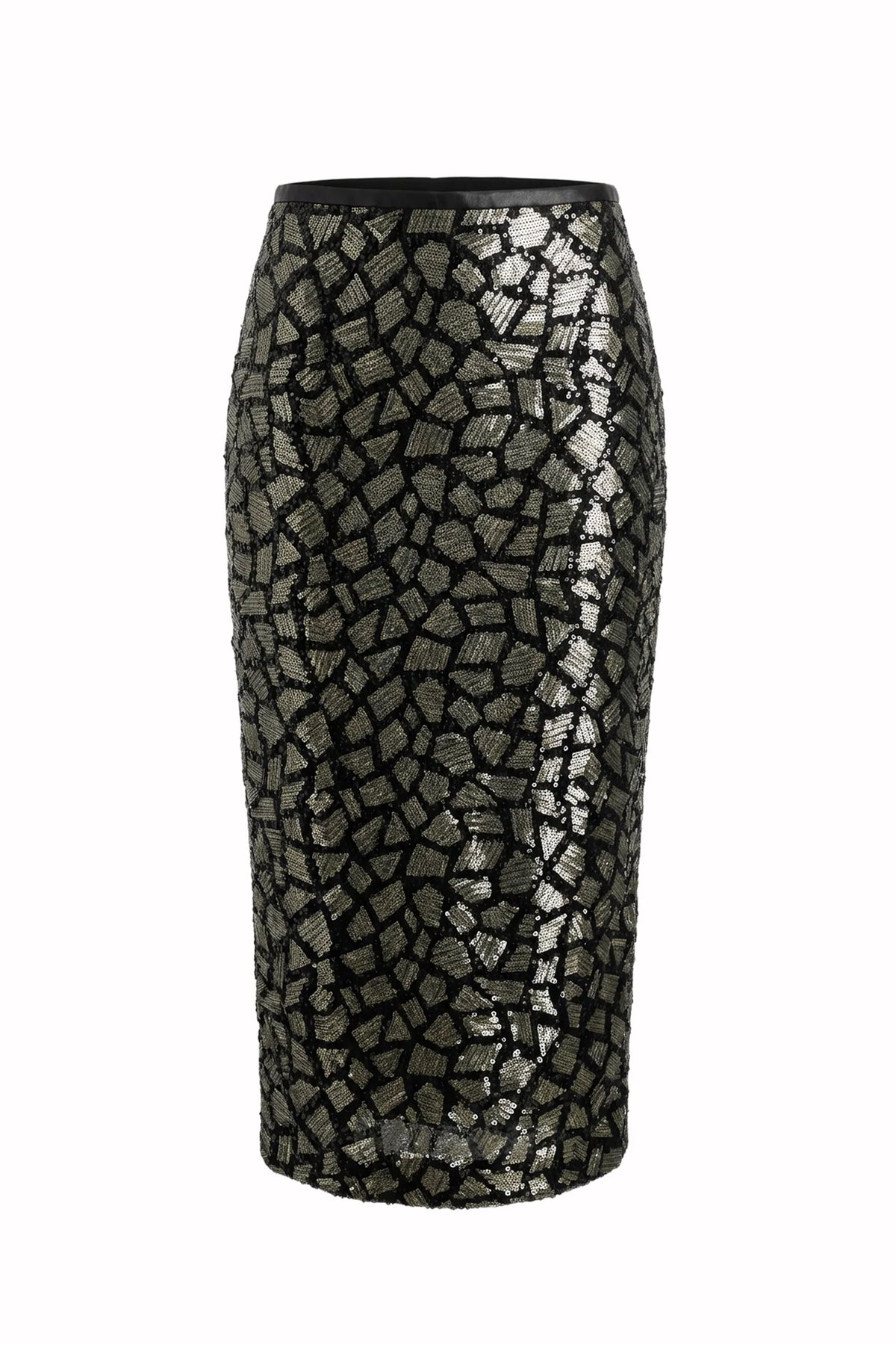 Sundrop Sequins Skirt by Le Superbe in olive sequins, front view