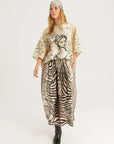 Vanessa Noir Midi Skirt by ME369 in black and white zebra and script print, styled view