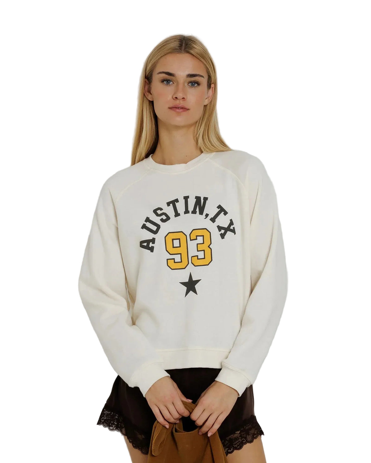 Austin TX 93 Raglan Crew by Sunny Somewhere in off-white, detail view
