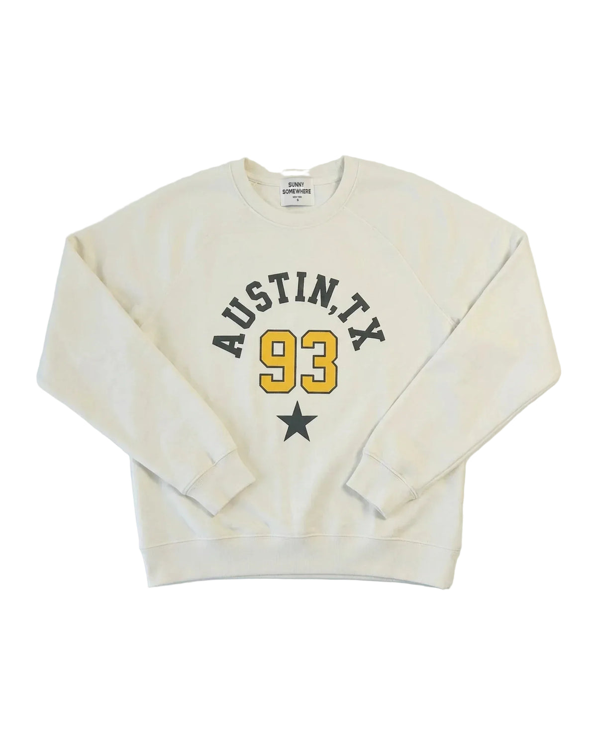 Austin TX 93 Raglan Crew by Sunny Somewhere in off-white, front view