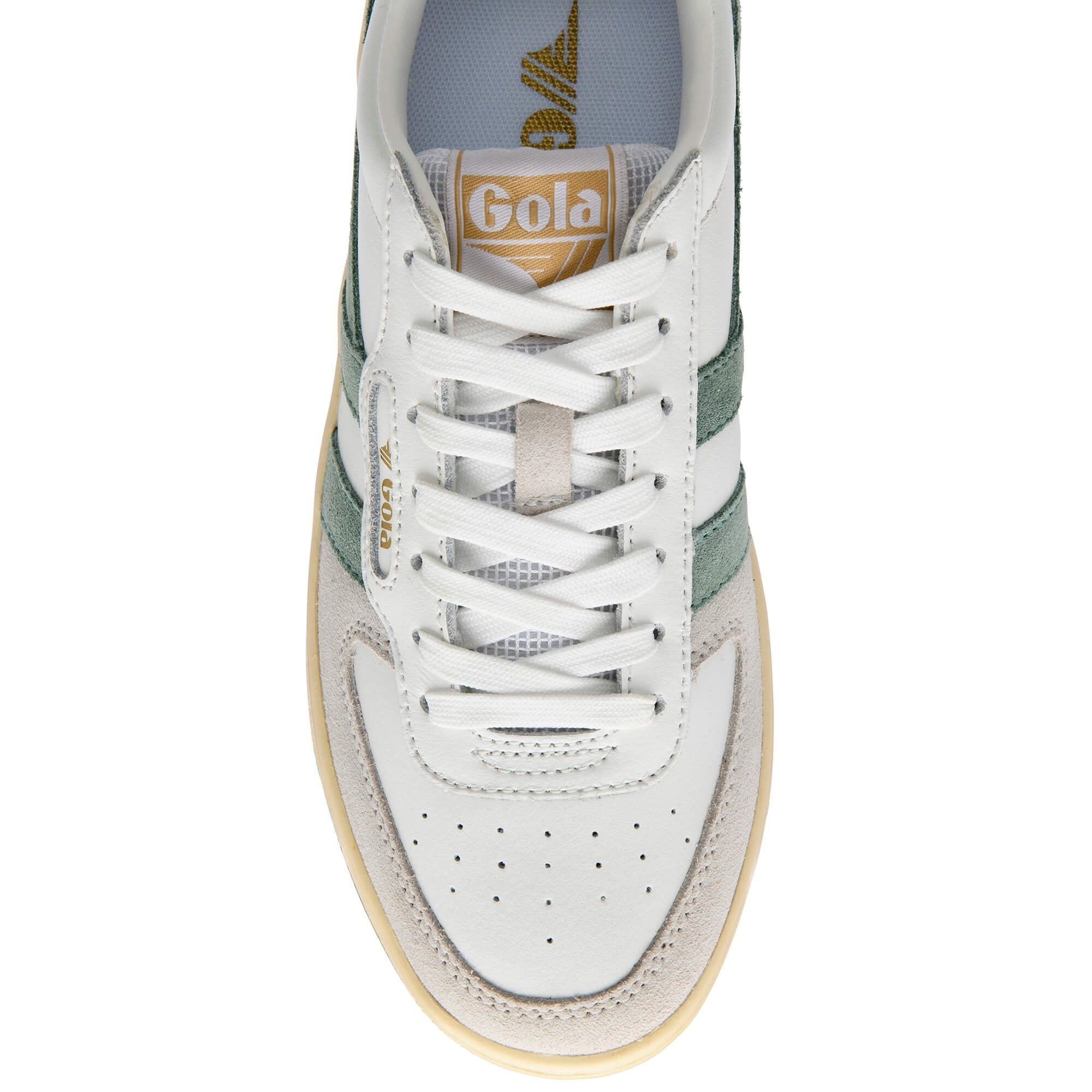 Hawk Sneakers by Gola in white and green mist, styled view